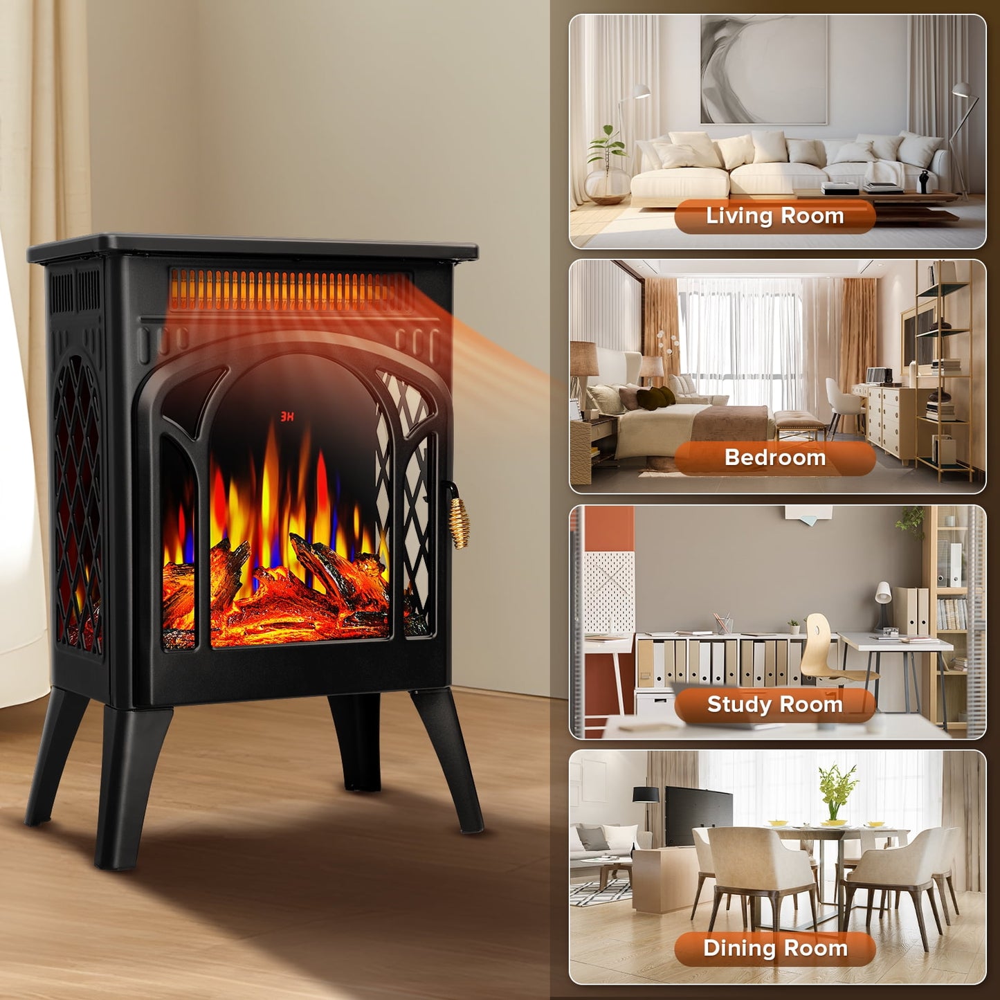 Auseo Electric Fireplace Heater 16" with 3D Realistic Flame Effect, Freestanding Stove, 3D Flame, Remote Control, 500W/1500W, Black