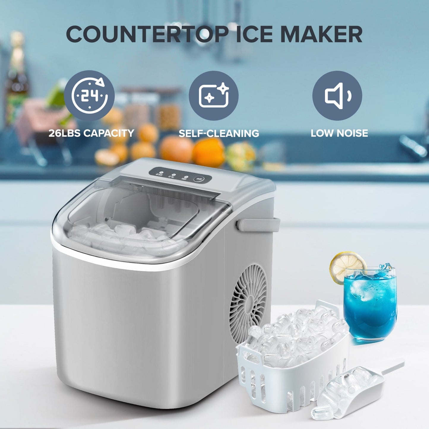 Auseo Countertop Ice Maker 26lbs/24H, 9 Bullet Ice Make in 6 Mins, Portable Ice Machine with Self-Cleaning, Gray