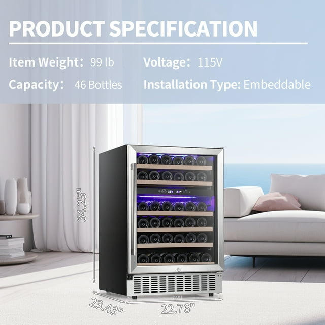 Auseo 24" Wine Cooler, Beverage Refrigerator, Large Capacity, Double-Layer Tempered Digital Temperature Memory Function, Glass Door, 46 bottles