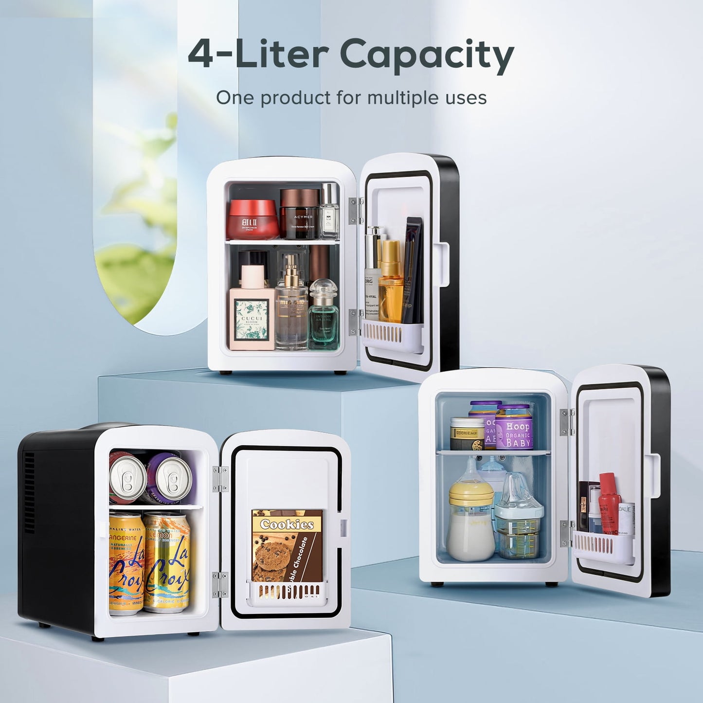 Auseo Mini Fridge and Personal Beauty Fridge, Mini Refrigerator,Mirrored Door with Light, Portable 4 Liter Cooler for Cosmetics/Food/Drinks, 12V DC/120V AC, Black