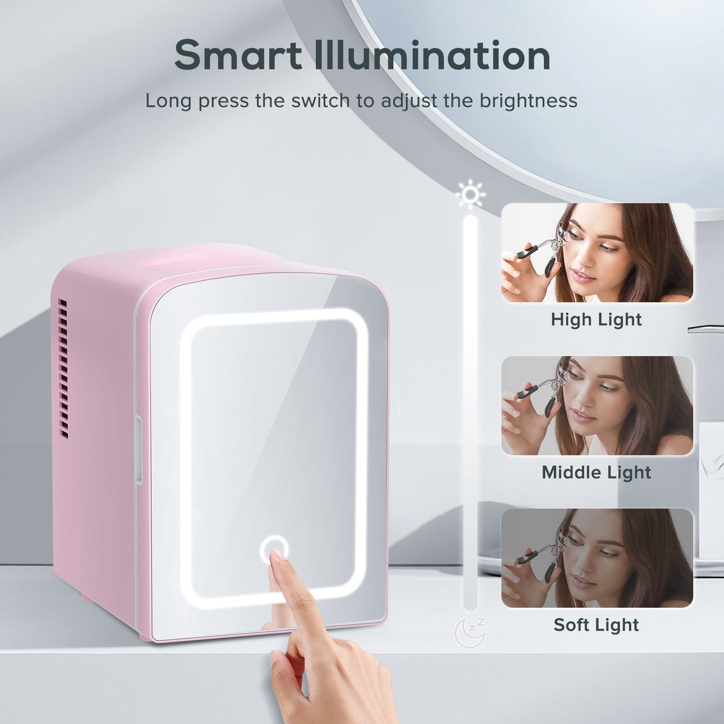 Auseo Mini Personal Fridge Cooler, LED Lighted Mirror, 4L Capacity Portable, Makeup and Skincare - AC/DC Refrigerator, Car, Office Desk & Dorm - Chills 6 Cans, Pink