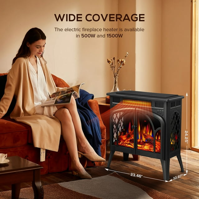 Auseo Electric Fireplace Heater 25", All-metal Frame Freestanding Stove, 3D Flame, Remote Control, 500W/1500W, Black