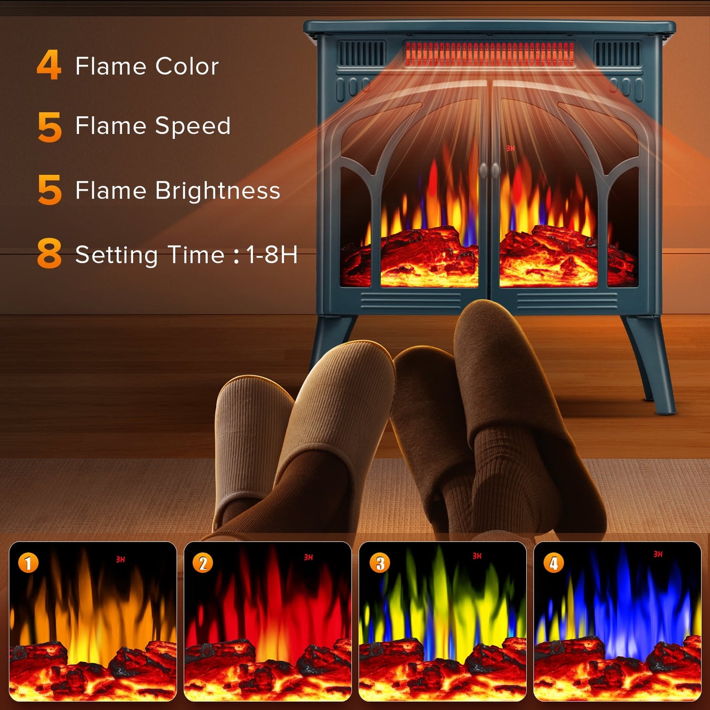 Auseo Electric Fireplace Heater 25’’ with 3D Realistic Flame Effect, Freestanding Fireplace with Remote Control, Timer, Different Flame Color,2 Heating Modes 500W/1500W