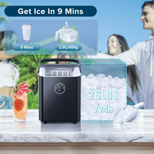 Auseo Portable Ice Maker Machine, Ice Maker Countertop with Handle, 26lbs/24H, Bullet Ice Cubes, 2 Sizes S/L, 8 PCS Ready in 9 Mins, Self-Cleaning, Ice Scoop,Basket for Home/Kitchen/Office/Party,Black