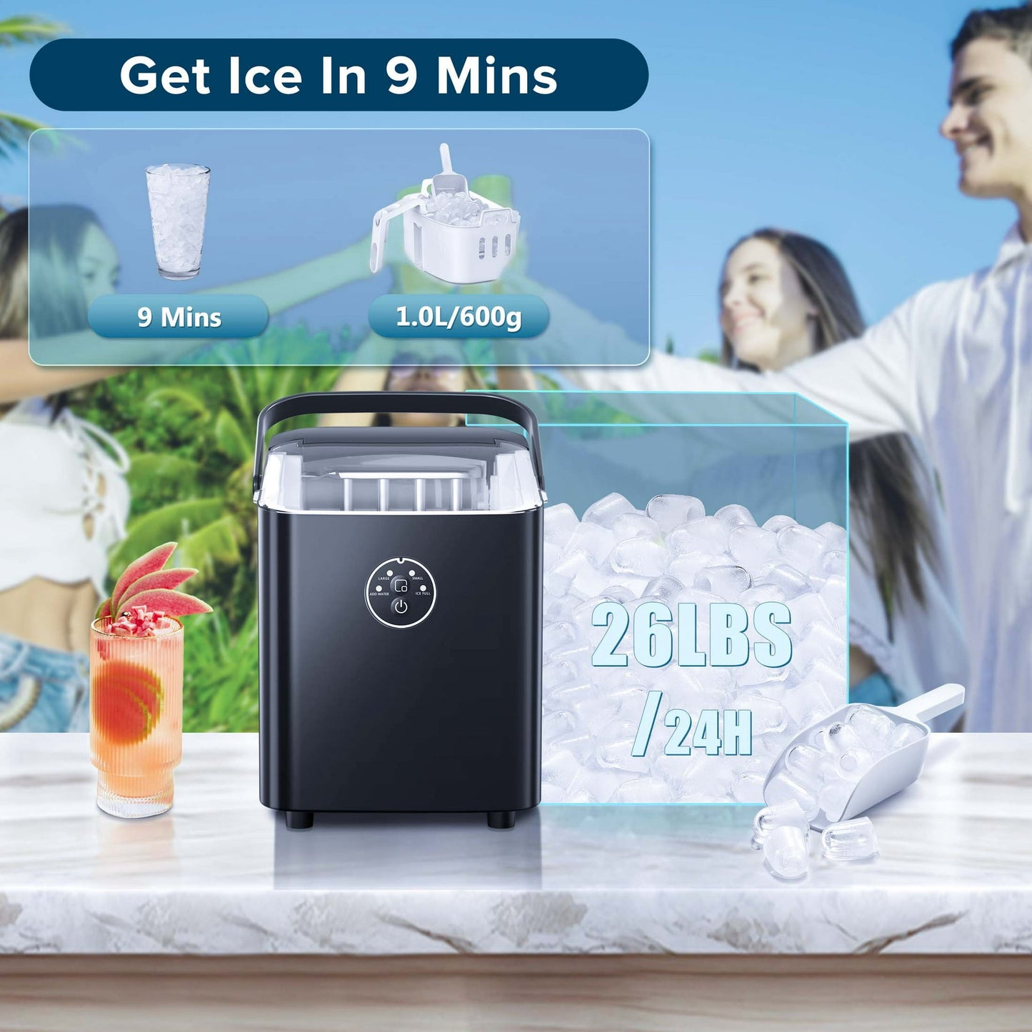 Auseo Portable Ice Maker Machine, Ice Maker Countertop with Handle, 26lbs/24H, Bullet Ice Cubes, 2 Sizes S/L, 8 PCS Ready in 9 Mins, Self-Cleaning, Ice Scoop,Basket for Home/Kitchen/Office/Party,Black