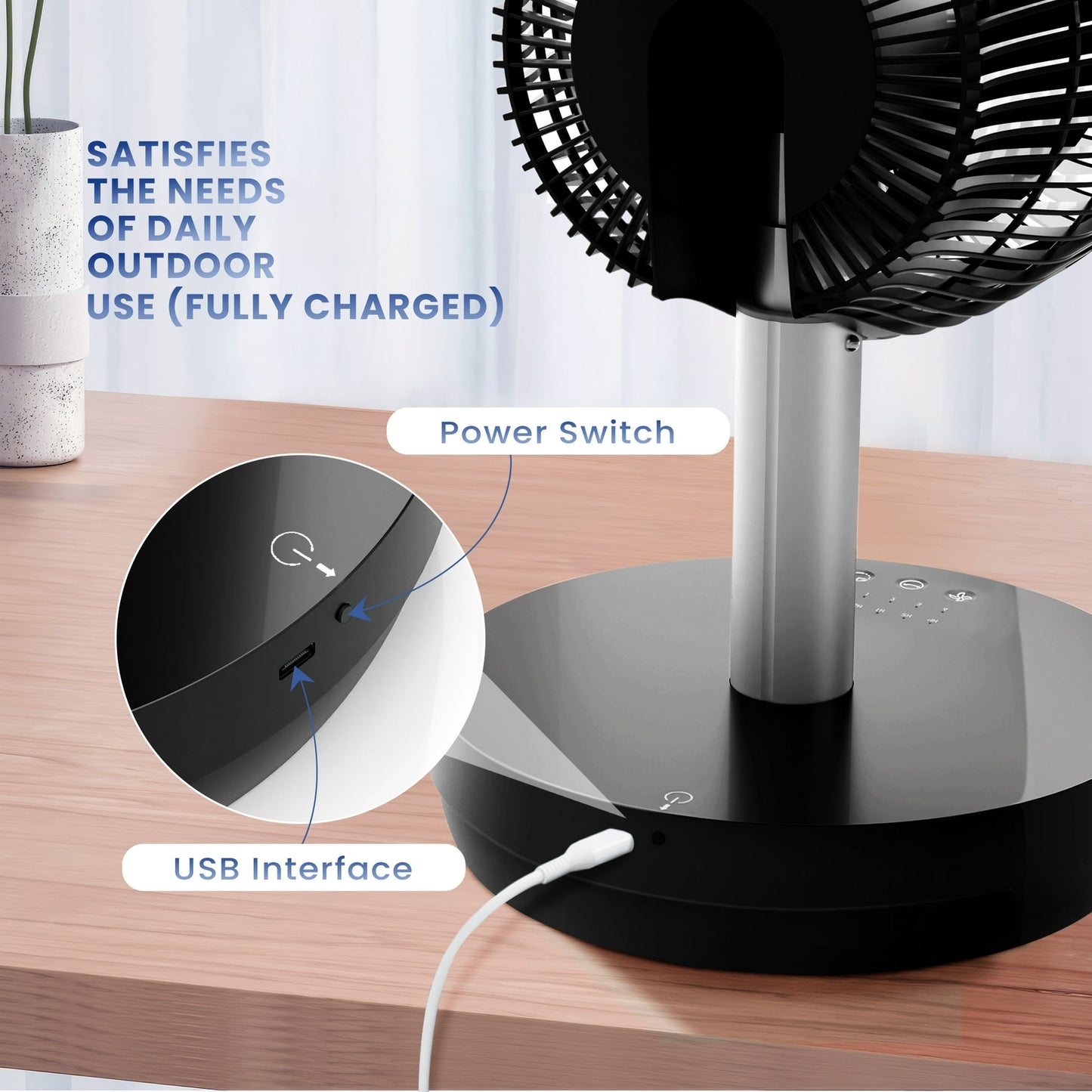 Auseo Portable Foldable Pedestal Fan- Rechargeable Battery Folding Standing Table Fan with 10 Speeds with Remote Control-Black