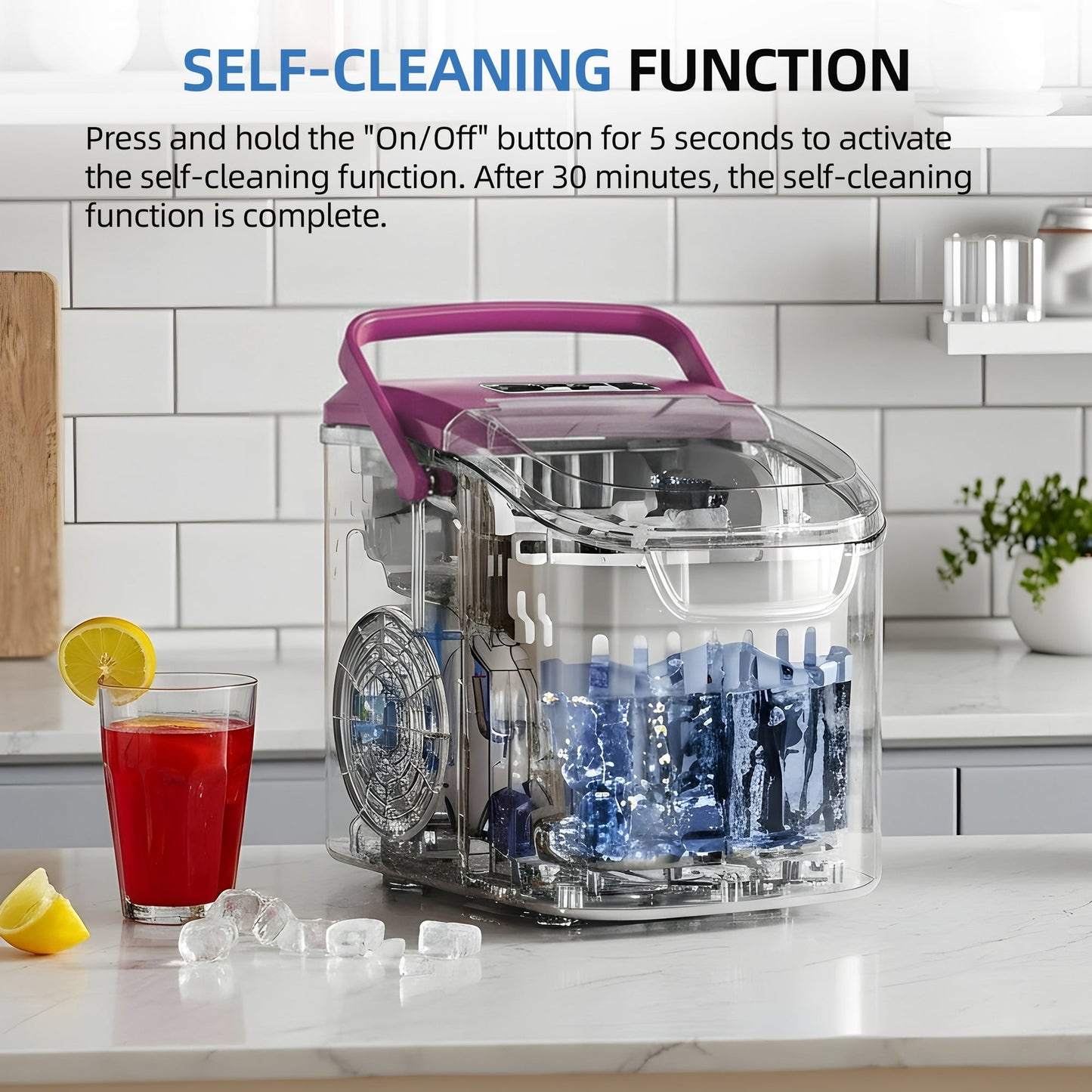 Auseo Countertop Ice Maker, 2 Sizes of Bullet Ice, 26Lbs/24H, 8 Ice Cubes in 6 Mins, Portable Ice Machine with Self-Cleaning for Home/Party/Travel/Camping (Light Purple)