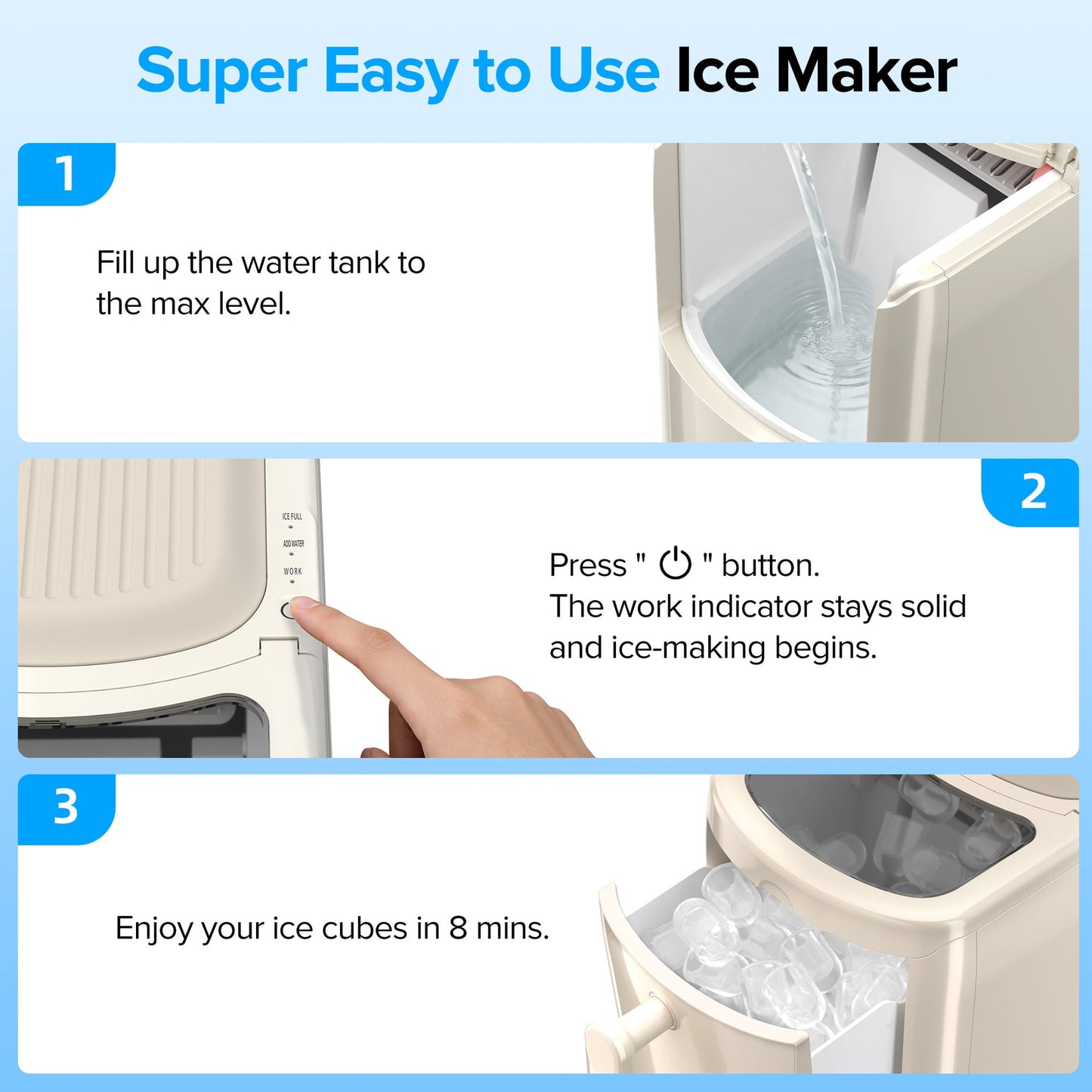 Auseo Countertop Ice Maker Machine, Bullet-Shaped Ice in 6 Min, Auto-Cleaning, White