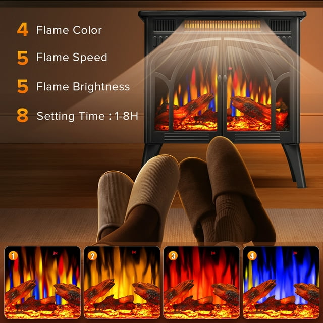 Auseo Electric Fireplace Heater 25", All-metal Frame Freestanding Stove, 3D Flame, Remote Control, 500W/1500W, Black