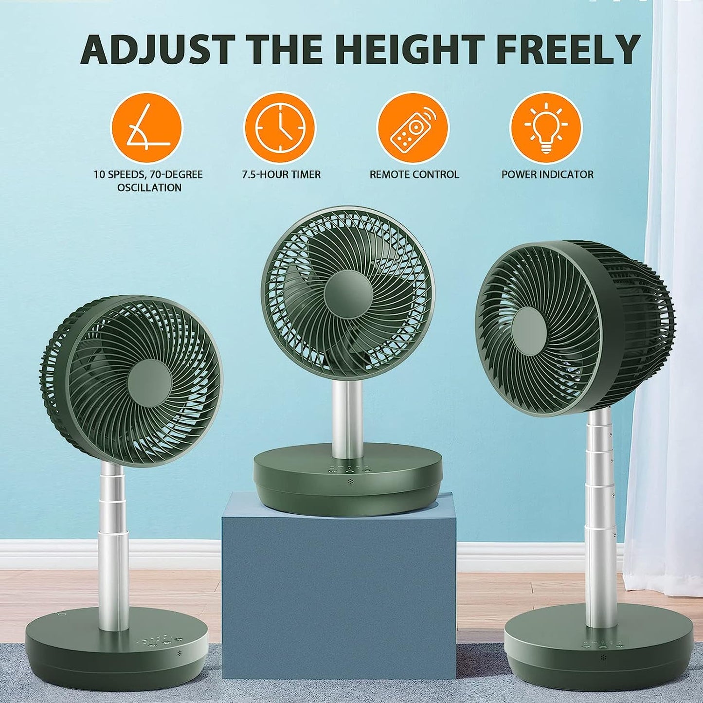 Auseo Portable Foldable Pedestal Fan- Rechargeable Battery Folding Standing Table Fan with 10 Speeds with Remote Control-Green