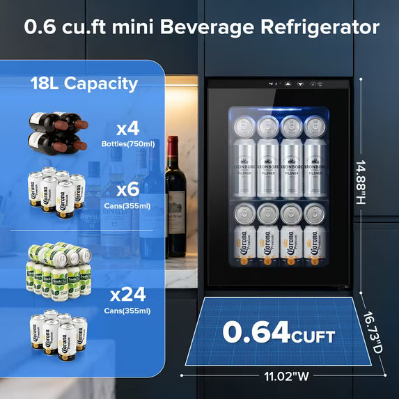 Auseo Beverage Refrigerator 24 Cans Mini Fridge, Portable Wine Cooler Refrigerator with Glass Door, Quiet Compressor Drink Fridge for Bedroom/Office,Black