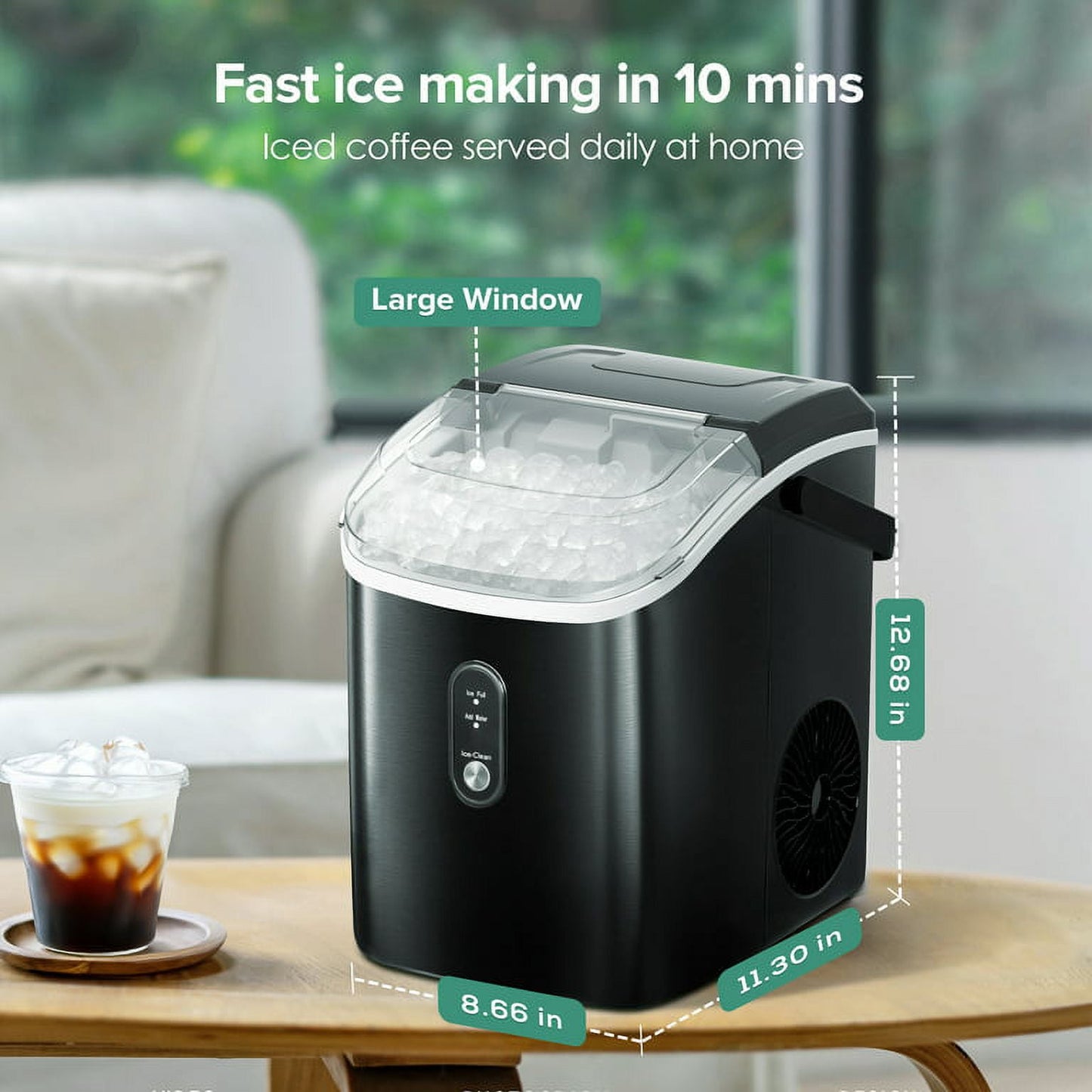 Auseo Portable Nugget Ice Maker Countertop, Self-Cleaning Function, 33lbs/24H, for Home/Office/Party Stainless Steel--Black