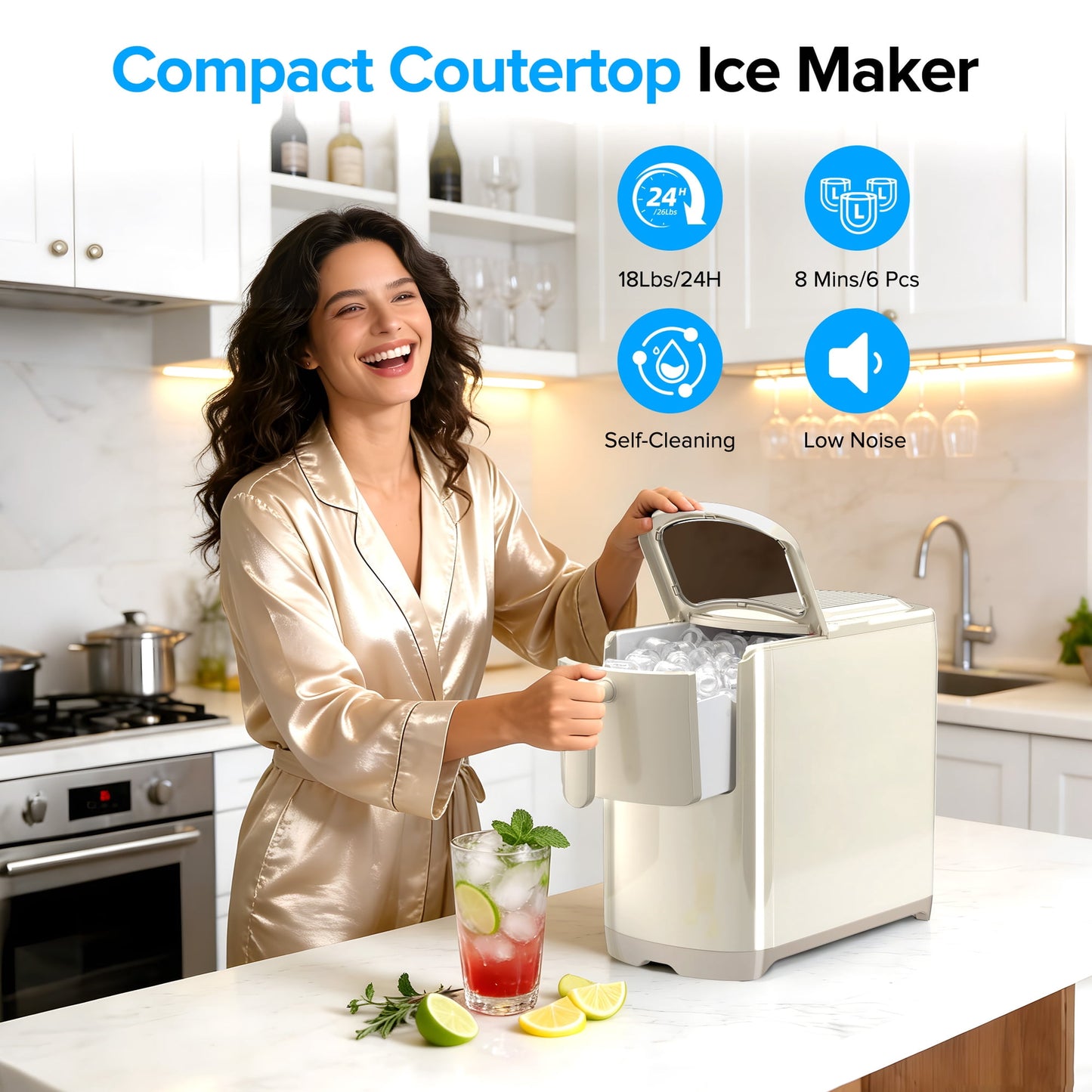 Auseo Countertop Ice Maker Machine, Bullet-Shaped Ice in 6 Min, Auto-Cleaning, White