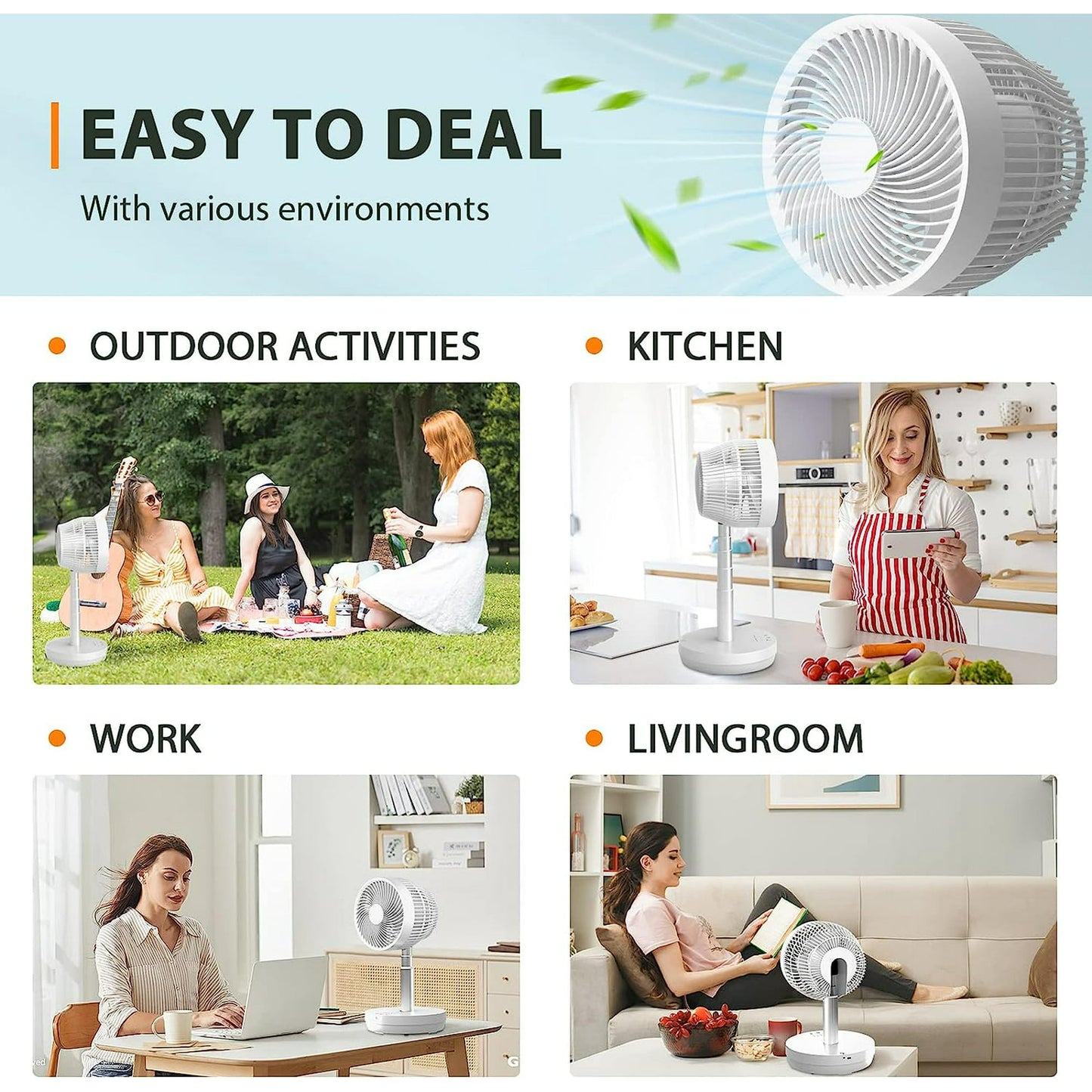 Auseo Foldable Fan, Oscillating Fan, 10 Speeds, Remote Control, Rechargeable Portable Table Fan, for Home\Camping\Office, White