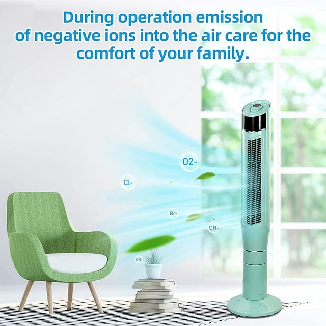 Auseo Tower Fan with Oscillation, Ionizer, Remote Control, Standing Fan for Office, Portable Bladeless Floor Fan for Home with Children/Pets/Elders, 8 Wind Speed,47"(Green)