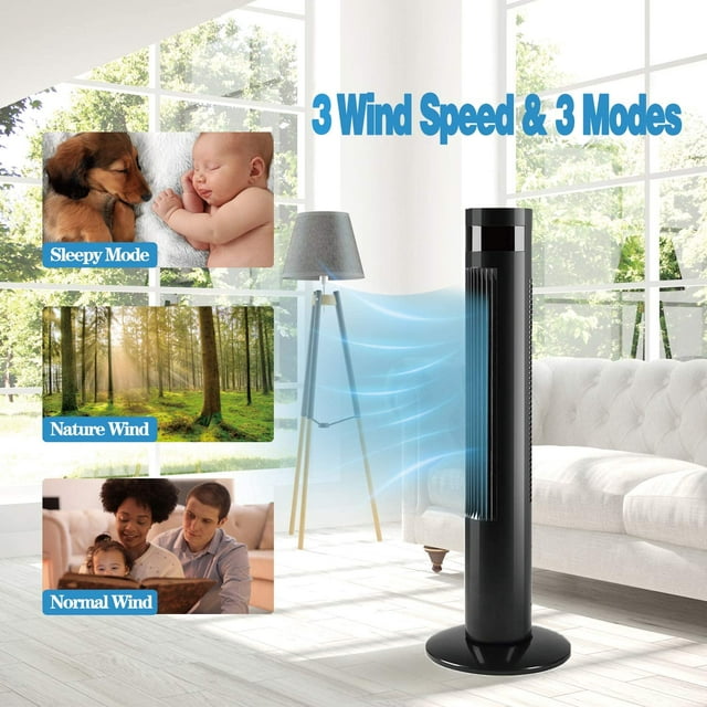 Auseo 43" Tower Fan with Oscillation, Remote Control and LED Display, 3 Powerful Wind Modes, up to 12 H Timer Bladeless Standing Fan, Portable Fan for Children, Home, Dormitory or Office-Black