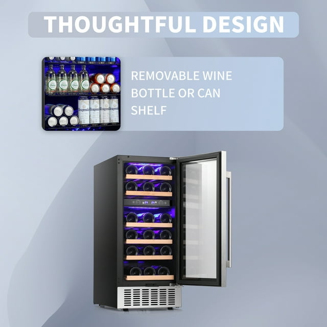 Auseo 15" Wine Cooler, Freestanding Beverage Refrigerator, 28 Bottle, Stainless Steel, Double Tempered, Glass Door