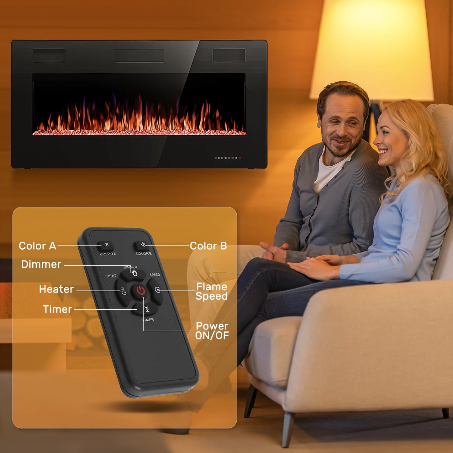 Auseo 36 inch Embedded Wall Mounted Indoor Electric Fireplace, Ultra-thin Low Noise Lightweight LED Fireplace Heater, Touch Screen, Timer, 1500W, Adjustable Flame Color and Speed, Black