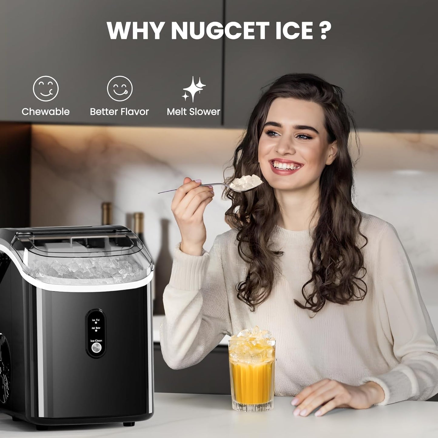 Auseo Nugget Ice Maker Countertop, Ready in 6 Mins ,35Lbs Each day with Self-Cleaning,Portable Sonic Ice Machine for Home/Office/Bar, Black