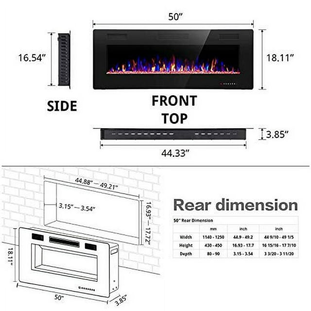 Auseo Electric Fireplace 50 inch Recessed and Wall Mounted,The Thinnest FireplaceLow Noise , Fit for 2 x 4 and 2 x 6 Stud, Remote Control with Timer,Touch Screen,Adjustable Flame Colors and Speed