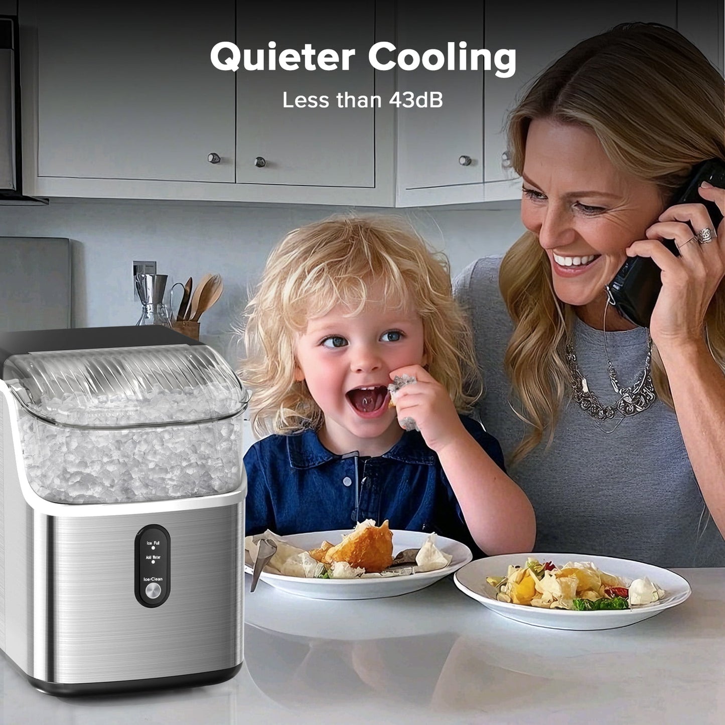 Auseo Nugget Ice Makers Countertop,Portable Ice Machine with Soft Ice , 35lbs/24h,Auto-Cleaning,One-Click Operation for Home Use,Silver