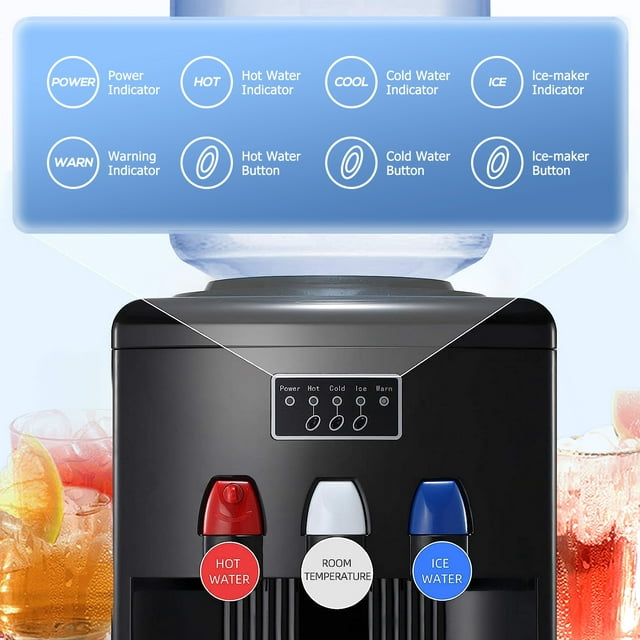 Auseo 3-in-1 Water Cooler Dispenser with Built-in Ice Maker, Top Loading Water Coolers with 3 Temperature Settings, 5 Gallon Bottle, Child Lock, 27Lbs/24H Ice Maker Machine-Black