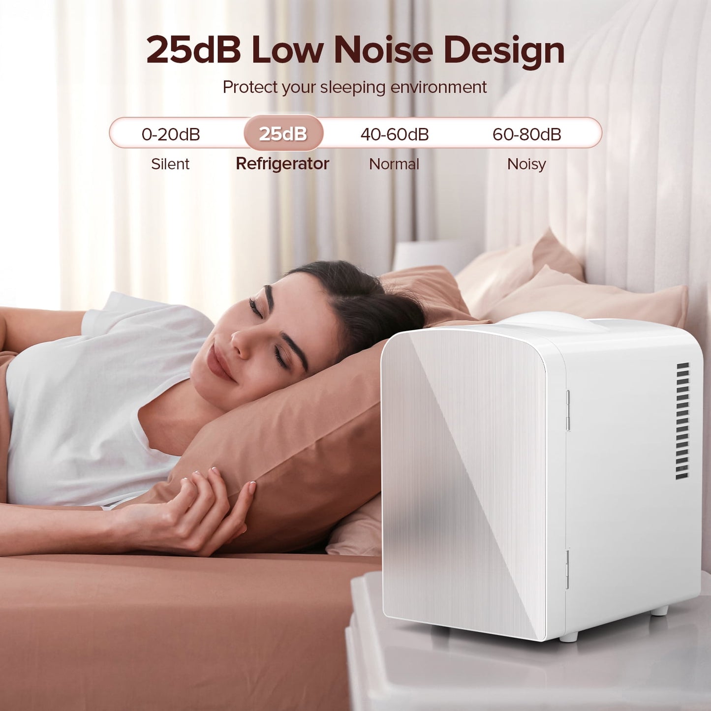 Auseo Mini Fridge Cooler Personal, Countertop, 4L/6 Cans, Warmer & Cooler, Front Door Stainless Steel, Fridge Magnet(Freebies), Option for Skincare, Makeup, Drinks, Dorm Room, Elegant White