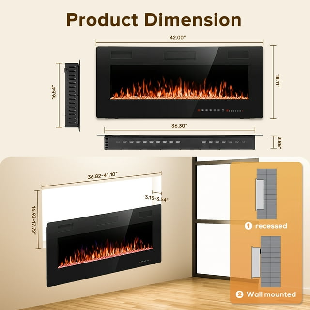 Auseo 42 inch Embedded Wall Mounted Indoor Electric Fireplace, Ultra-thin Low Noise Lightweight LED Fireplace Heater, Touch Screen, Timer, 1500W, Adjustable Flame Color and Speed, Black