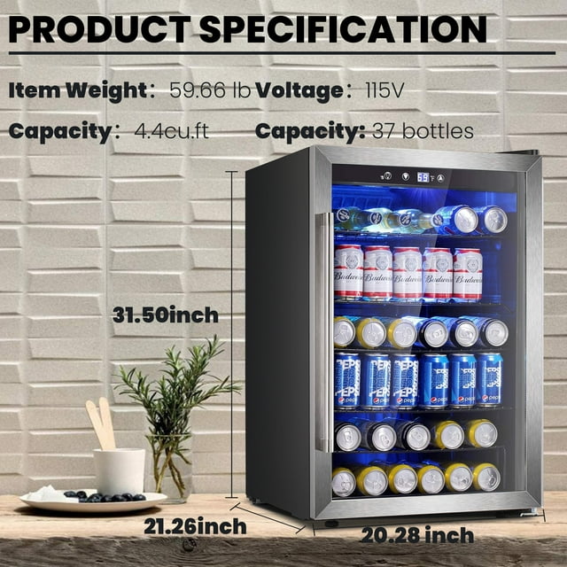 Auseo 4.4 Cu.ft Beverage Refrigerator Cooler, 37 Bottles Mini Fridge with Glass Door for Soda, Beer and Wine, Adjustable Removable Shelves, Digital Temperature,Low Noise for Bar/Office/Home/Restaurant