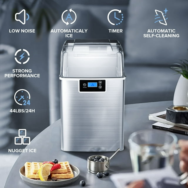 Auseo Nugget Ice Maker Countertop with Soft Chewable Pellet Ice, Self-Cleaning, LED Display, 44lbs/24H, Suitable for Home/Kitchen/Bar/Party - (Silver)