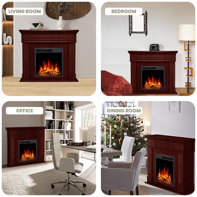 Auseo Electric Fireplace Mantel Package Wooden Surround Firebox TV Stand Free Standing Electric Fireplace Heater with Logs, Adjustable Led Flame, Remote Control, 750W-1500W, Brown