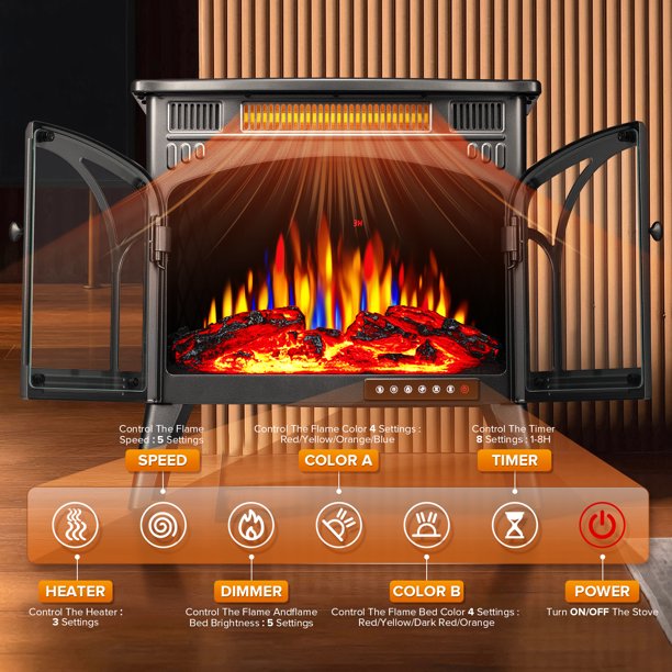 Auseo Electric Fireplace Heater 25’’ with 3D Realistic Flame Effect, Freestanding Fireplace with Remote Control, Timer, Different Flame Color,2 Heating Modes 500W/1500W