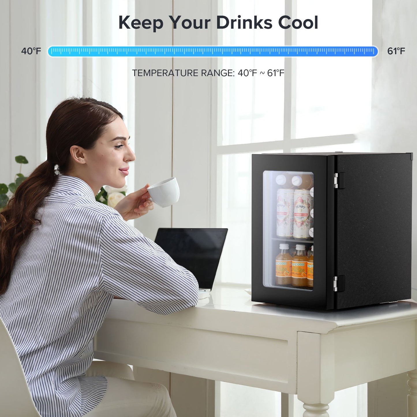 Auseo 24 Cans Mini Beverage Refrigerator Cooler, 18L, LED Lighting, for Dorm/Home/Office, Black