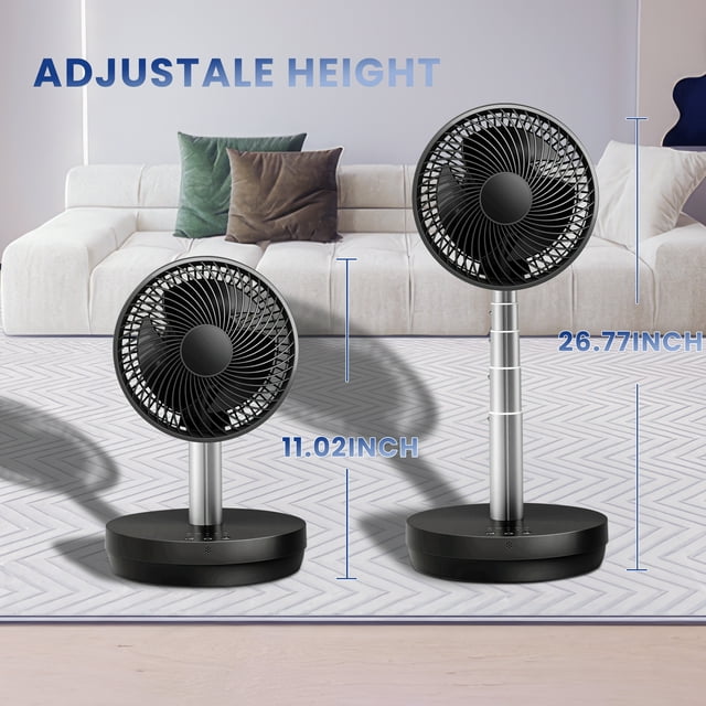 Auseo Portable Foldable Pedestal Fan- Rechargeable Battery Folding Standing Table Fan with 10 Speeds with Remote Control-Black