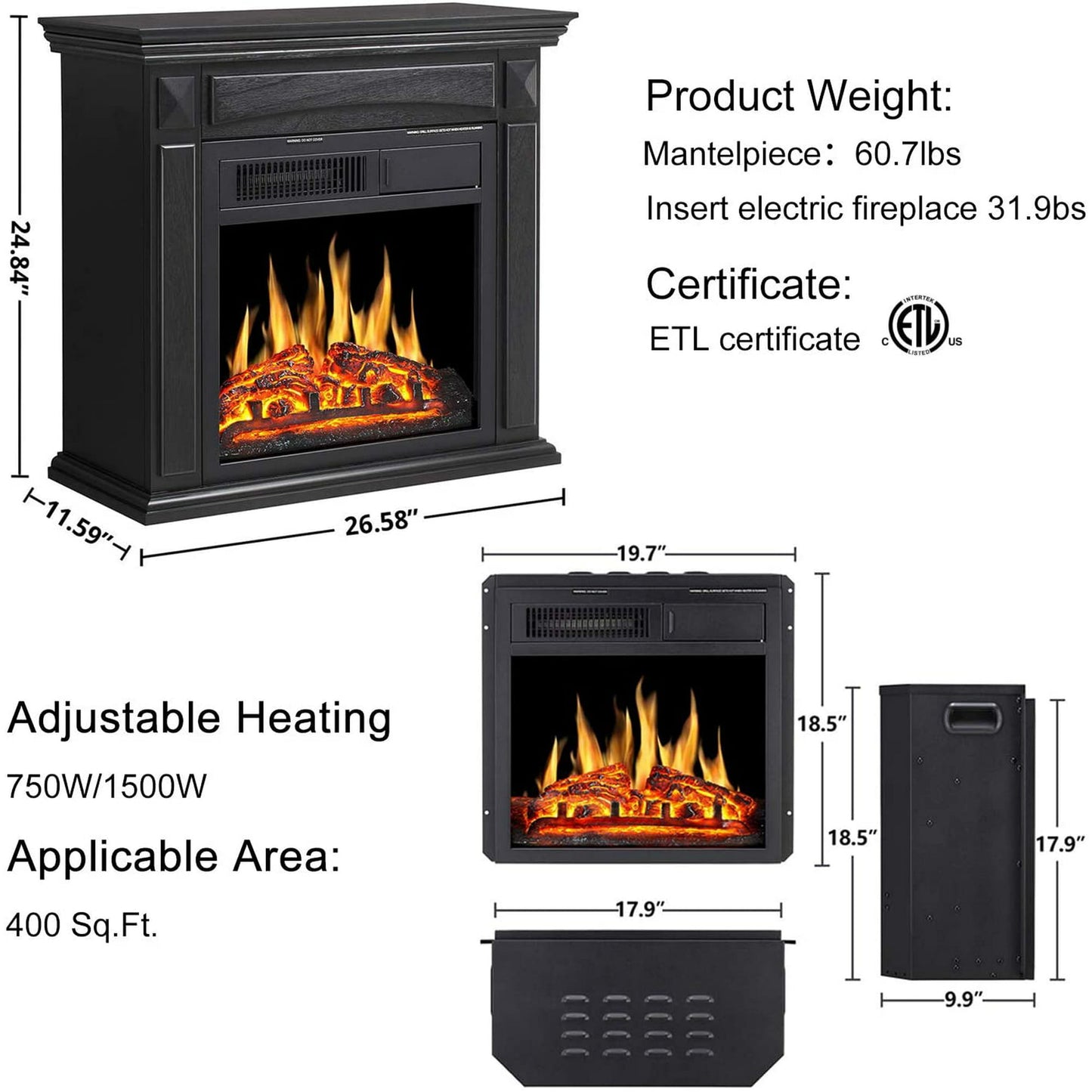 Auseo Wooden Electric Fireplace Mantel Surround Firebox, Freestanding Fireplace&750W/1500W(Black)