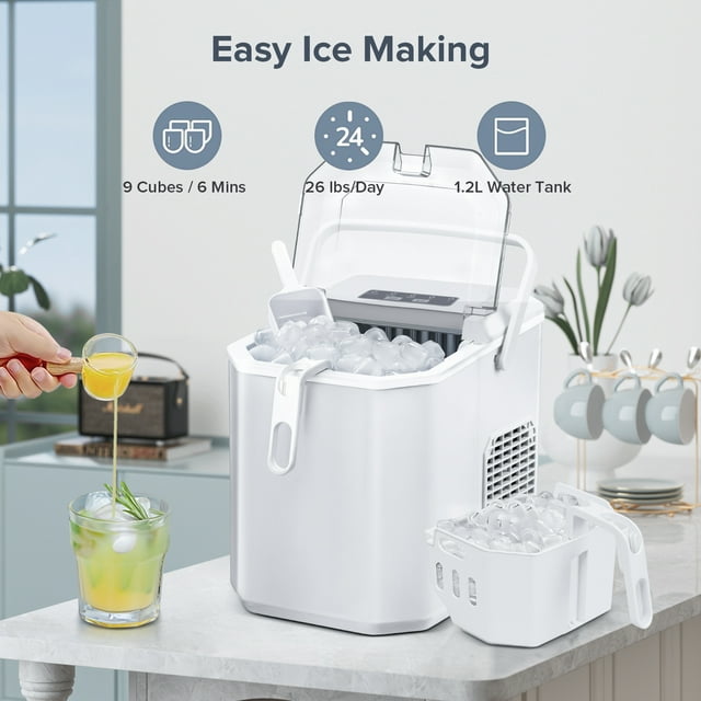 Auseo Countertop Ice Maker, Self-cleaning Portable Ice Maker Machine with Handle and Ice Scoop, Bullet Ice Cubes, 9Pcs/8Min 26Lbs/24H for Home/Office/Bar/Party (White)