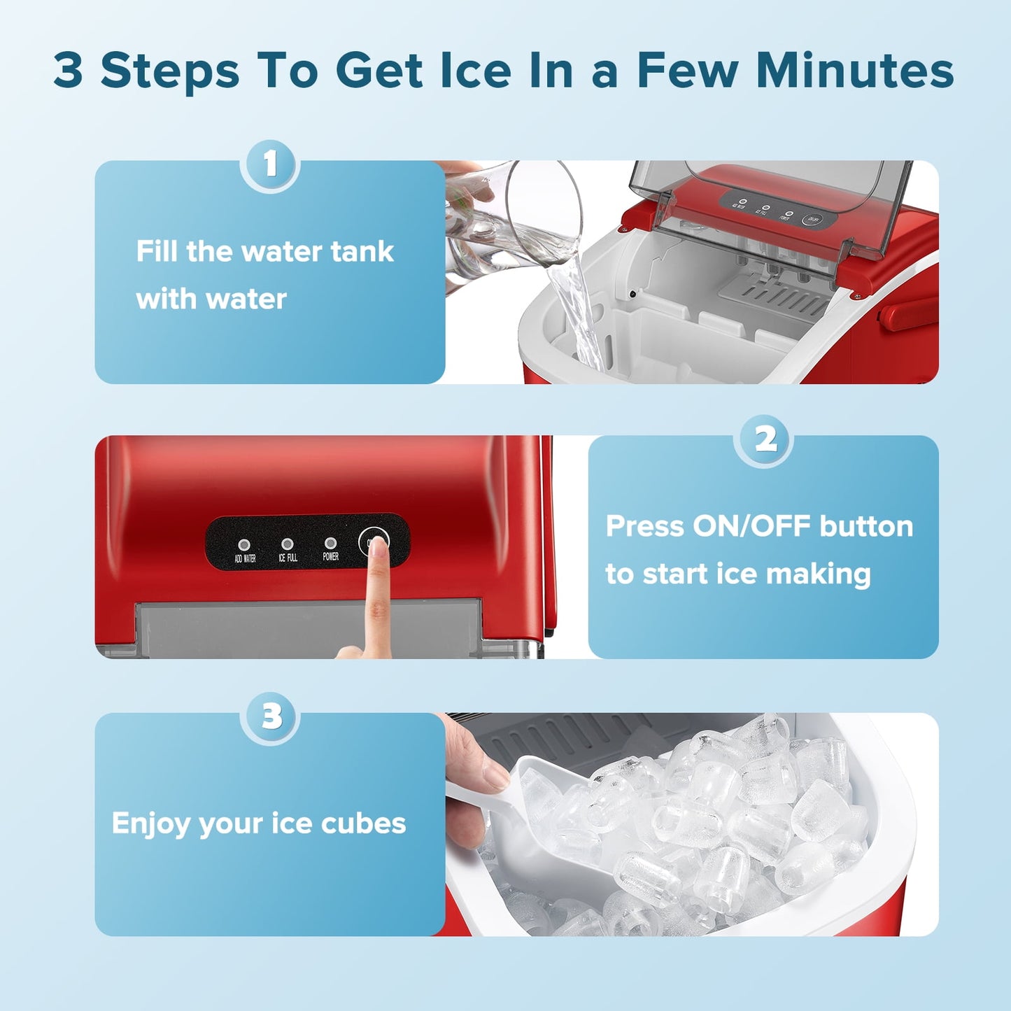 Auseo 26 lbs/24H Countertop Ice Maker Machine, 9 Bullet-Shaped Ice in 6 Min, Auto-Cleaning, Red