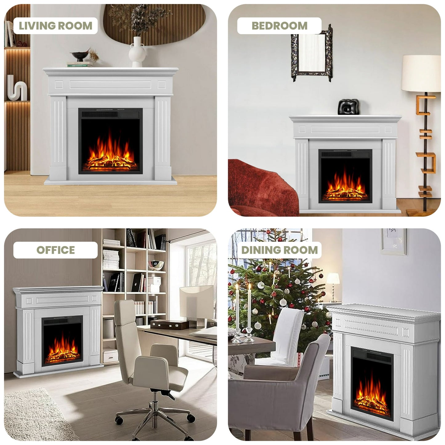 Auseo Electric Fireplace Mantel Package Wooden Surround Firebox TV Stand Free Standing Electric Fireplace Heater with Logs, Adjustable Led Flame, Remote Control, 750W-1500W, Pearlwhite