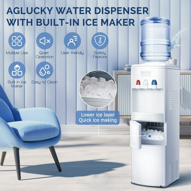 Auseo 3-in-1 Water Cooler Dispenser with Built-in Ice Maker, Top Loading Water Coolers with 3 Temperature Settings, 5 Gallon Bottle, 27Lbs/24H Ice Maker Machine with Child Safety Lock-White