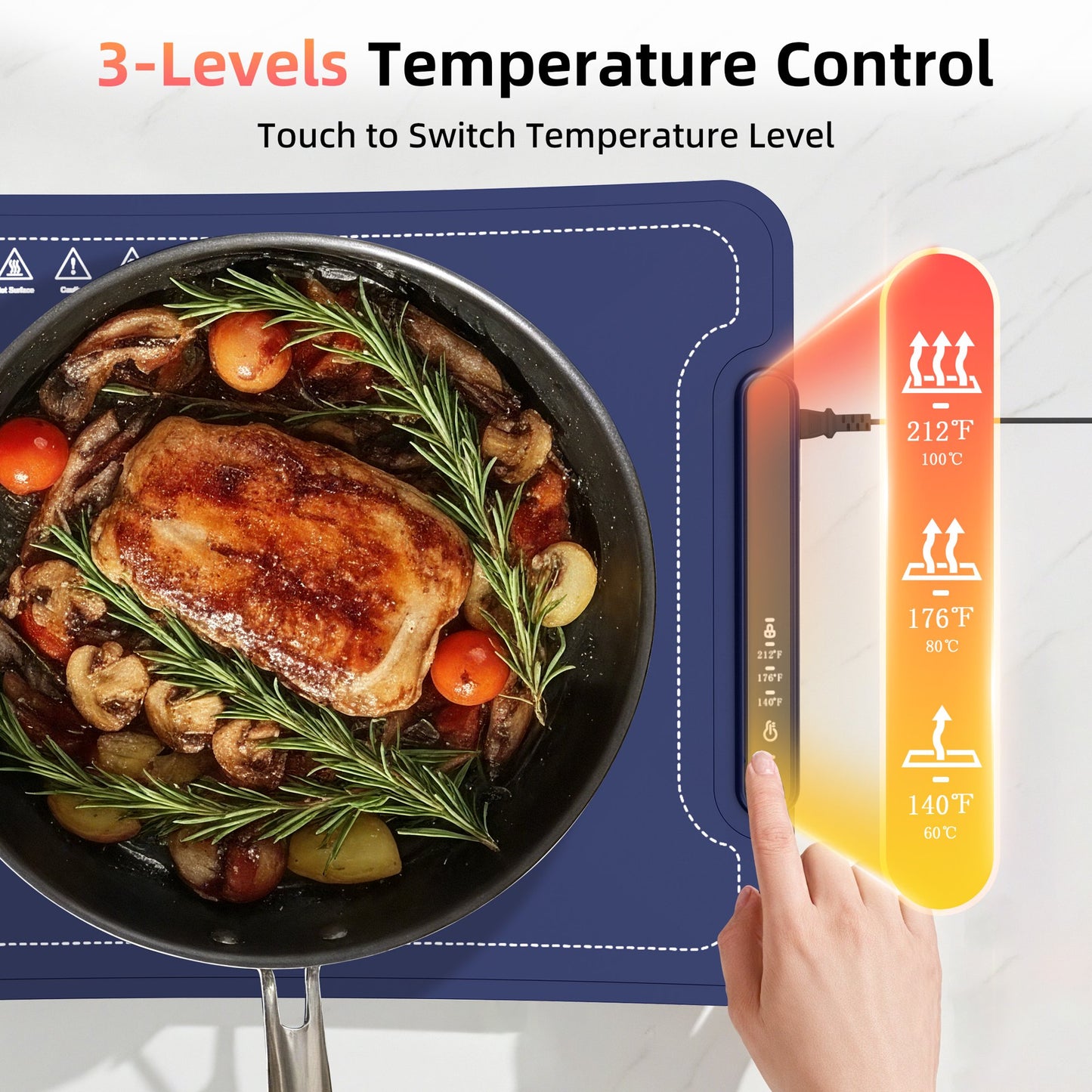 Auseo Food Warming Mat, Portable Silicone Electric Warming Tray, Warming Mat for Food for Buffets Party and Home Daily Use, 3 Level Temperature, 4 Hours Auto-Off, Easy to Clean, Blue