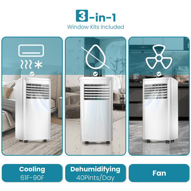 Auseo 5000 BTU (8000 BTU ASHRAE) Portable Air Conditioner, AC, Cools 250sq. ft, 24H Timer, Quiet Operation, Window Fan, 2 Fan Speed for Bedroom Office Home