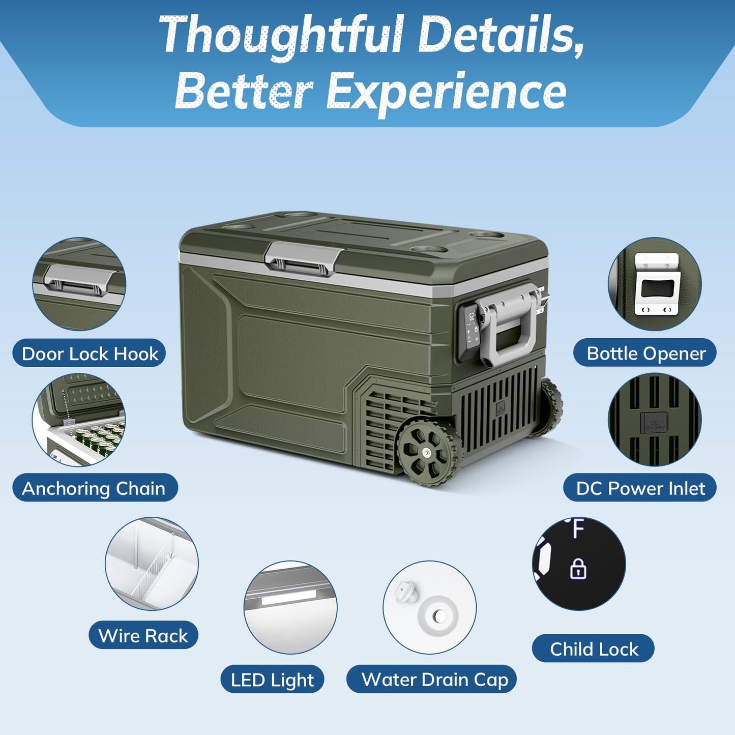 Auseo 68 Quart(64L) Portable Car Refrigerator, -4℉~50℉, 12/24V DC & 110-240V AC, Mini Fridge Freezer for RV Camping, Travel, Truck, Home, Green