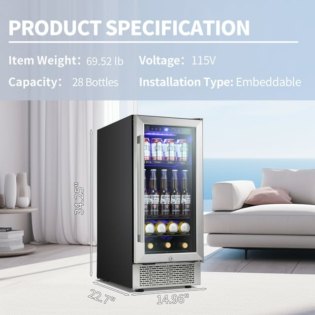 Auseo 15 inch Beverage Refrigerator, Built-in Wine Cooler, Mini Beverage Fridge, Clear Glass Door, Digital Memory Temperature Control, Beer Soda LED Light& Quiet Operation
