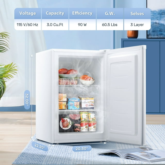 Auseo Mini Freezer Countertop, Energy Saving 3.0 Cu.ft, Single Door Compact Upright Freezer with Reversible Door for Home/Office/Kitchen-White