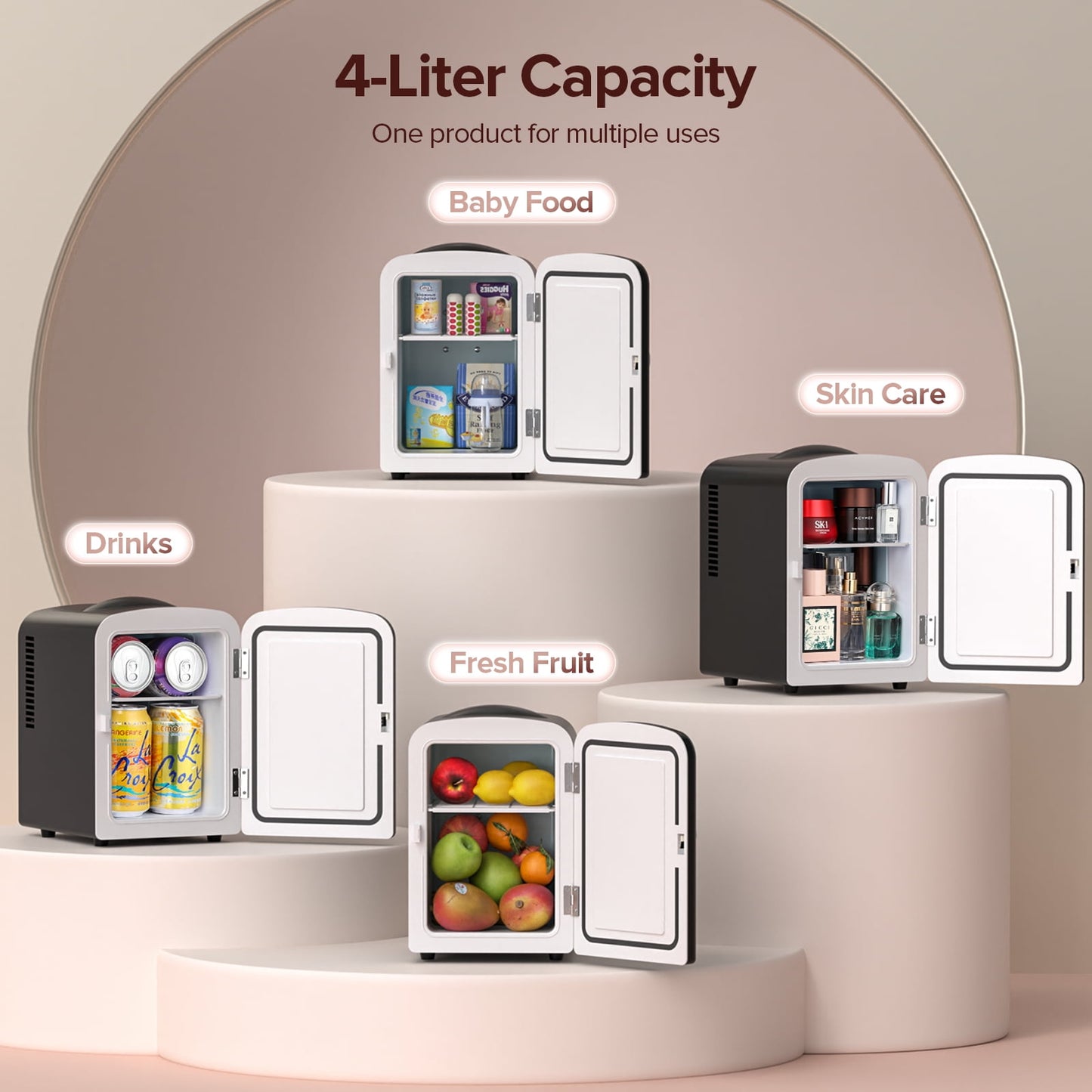 Auseo Mini Portable Fridge Personal, Countertop, 4L/6 Cans, Cooler Small Refrigerator, AC/DC, Option for Skincare, Makeup, Drinks, Dorm Room