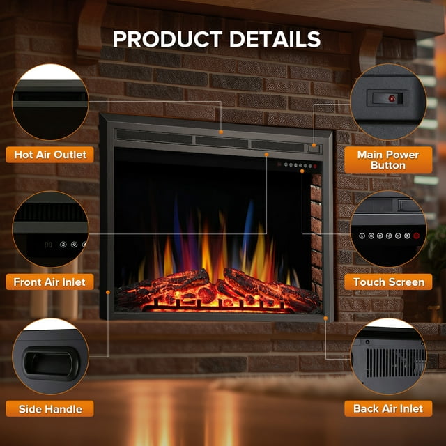 Auseo Electric Fireplace, 36inch Insert Electric Heater with Touch Screen, Colorful Flame & Timer Control, 750W-1500W and Classic (Black)