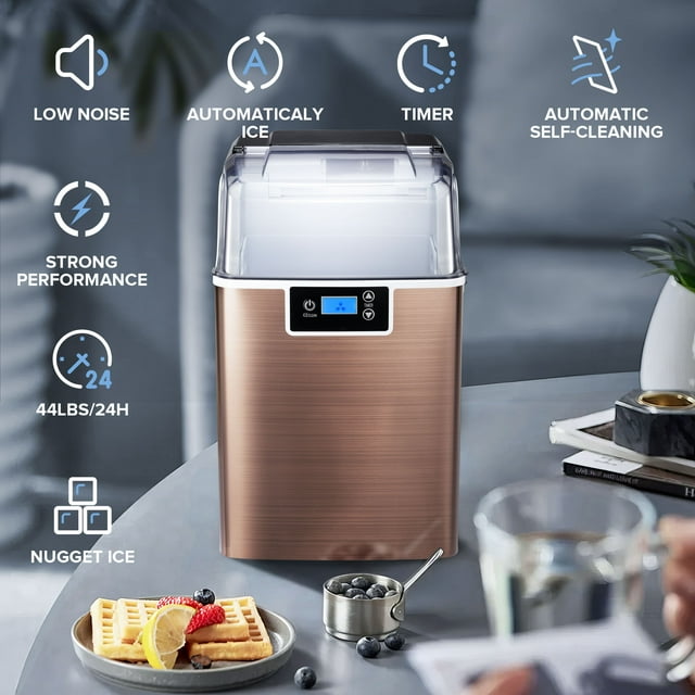 Auseo Nugget Ice Maker Countertop with Soft Chewable Pellet Ice, Self-Cleaning, LED Display, 44lbs/24H, Suitable for Home/Kitchen/Bar/Party-Bronze