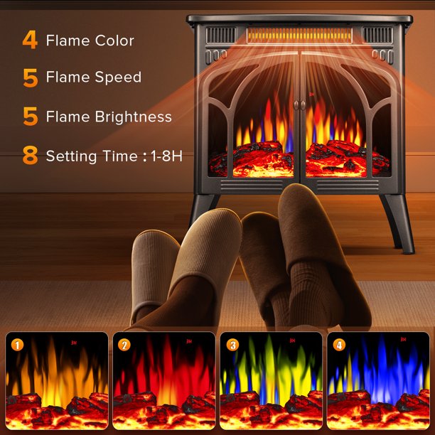 Auseo Electric Fireplace Heater 25’’ with 3D Realistic Flame Effect, Freestanding Fireplace with Remote Control, Timer, Different Flame Color,2 Heating Modes 500W/1500W