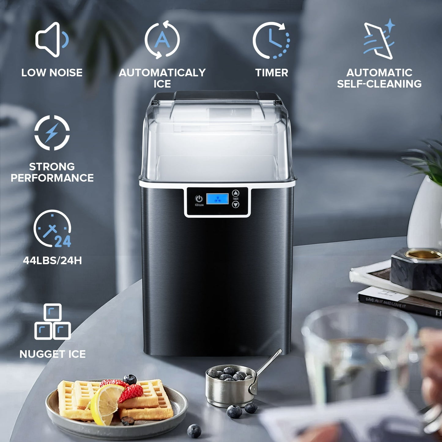Auseo Nugget Ice Maker Countertop with Soft Chewable Pellet Ice, Self-Cleaning, LED Display, 44lbs/24H, Suitable for Home/Kitchen/Bar/Party Black