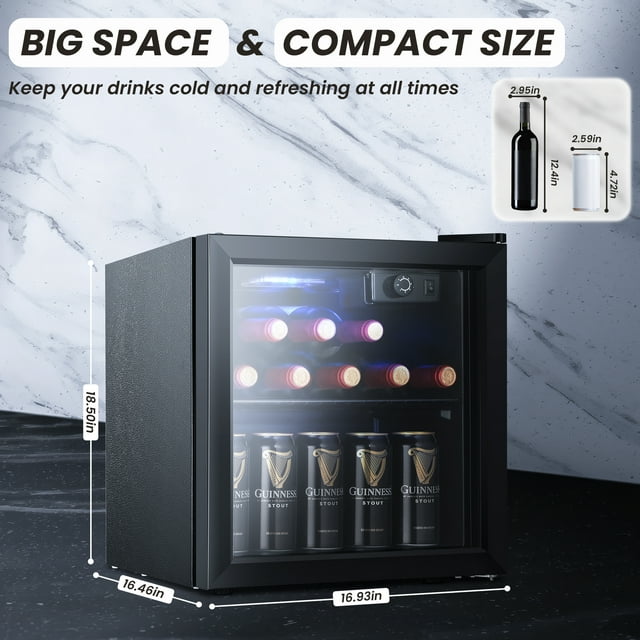 Auseo 1.3Cu. ft Beverage Refrigerator Cooler - 12 bottle and 48 Can MiNi Fefrigerator, Wine Cooler, MiNi Beverage Cooler Dispenser with clear Glass Door, Electronic Display and Led Lights for Soda,Bee